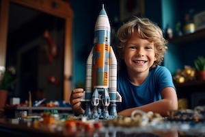 Glad kille som byggt ihop ett leksaks rymdskepp